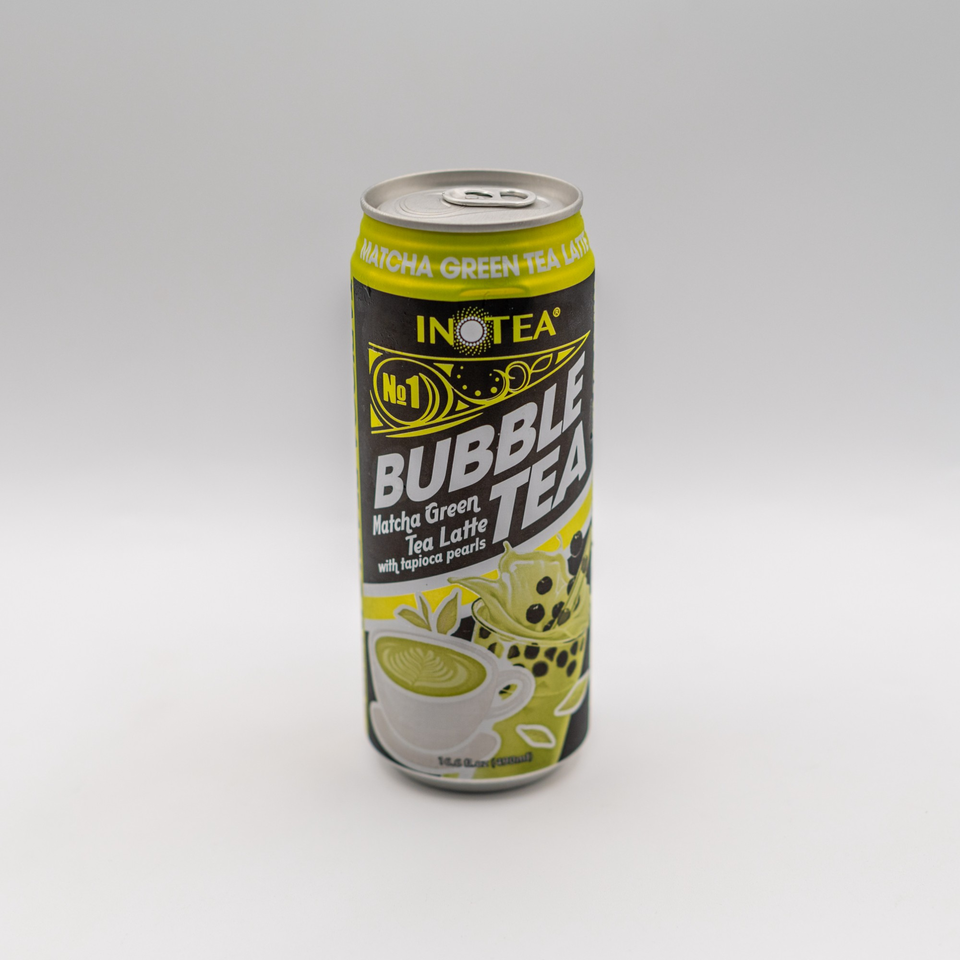A can of INOTEA Matcha Green Tea Latte Bubble Tea with tapioca pearls on a white background.