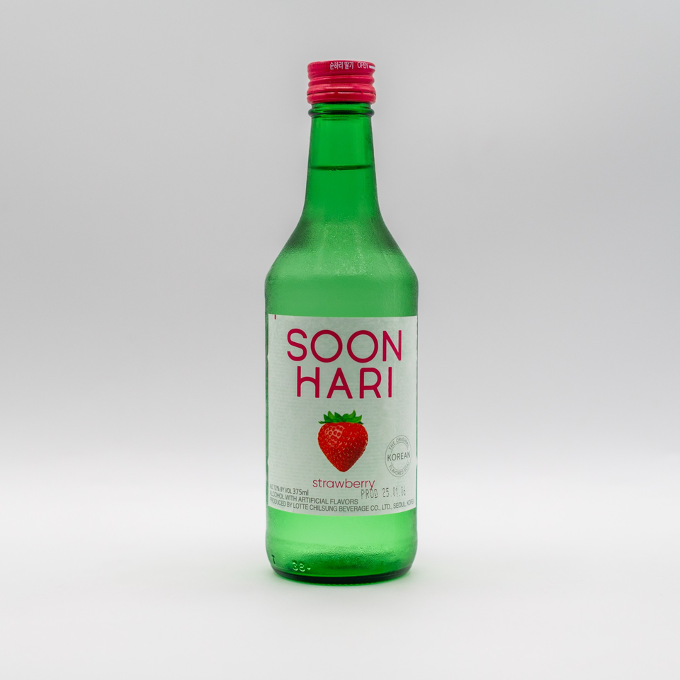 A green bottle of Soon Hari strawberry soju with a red cap on a white background.